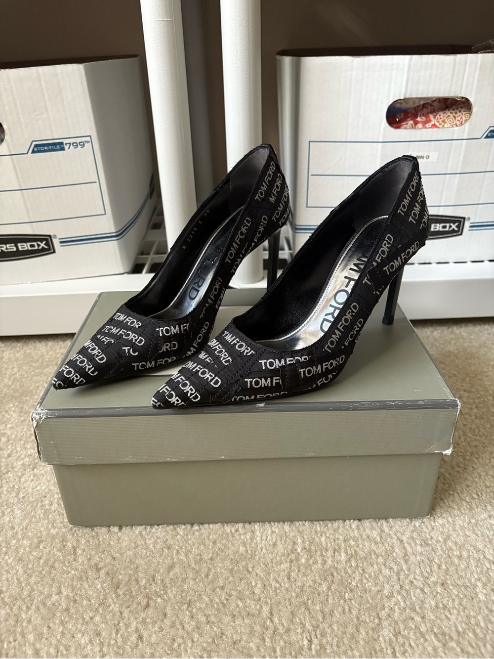 Tom Ford Classic T Screw Pumps Black Fabric Tape Logo Womens 38